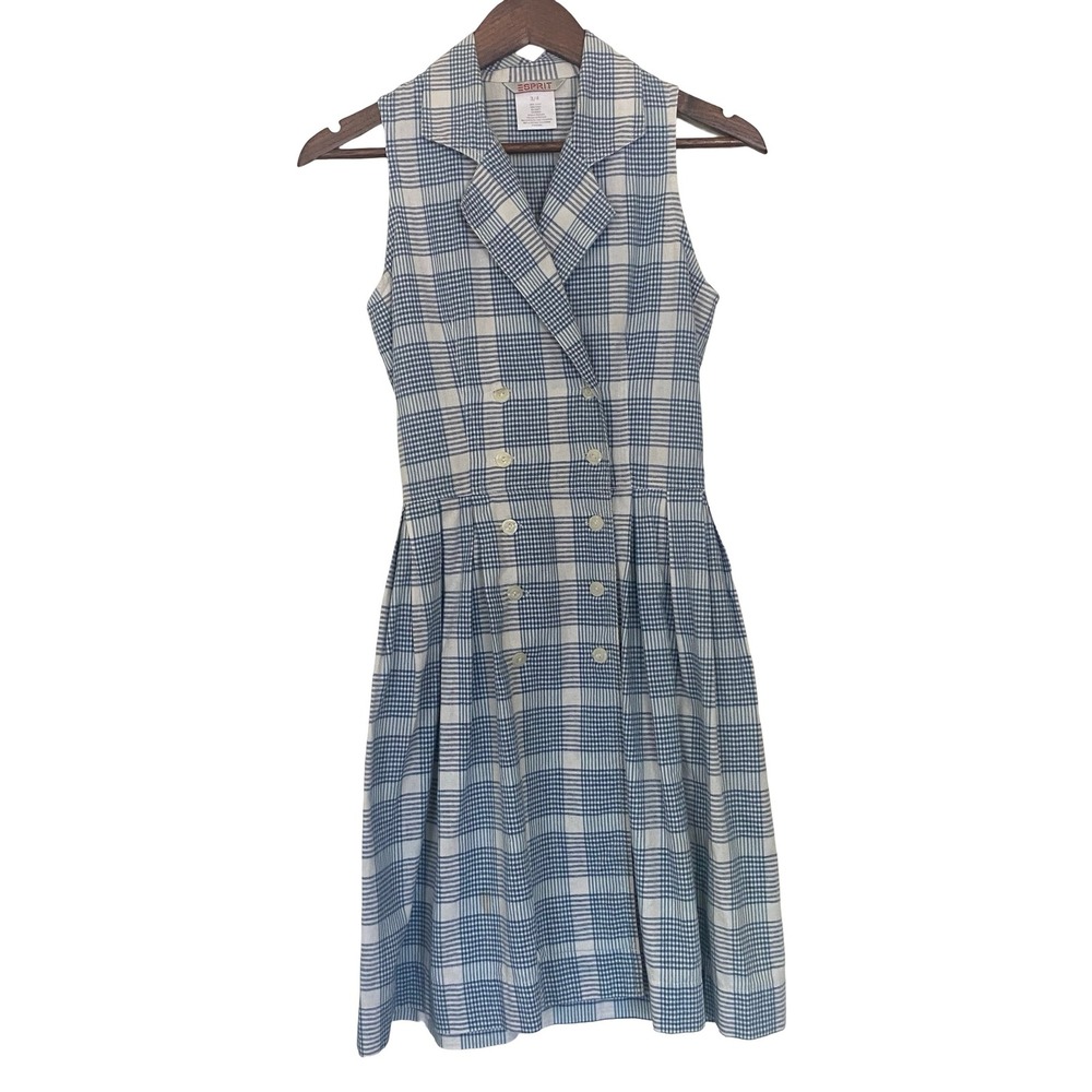 Esprit Plaid Women Sleeveless Vintage Dress Blue Double Breasted Cotton Pleated